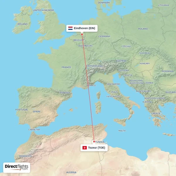Tozeur - Eindhoven direct flight map