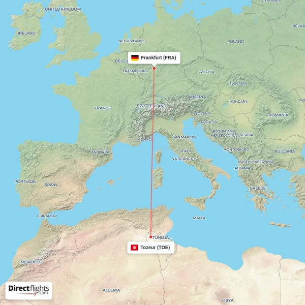 Tozeur - Frankfurt direct flight map