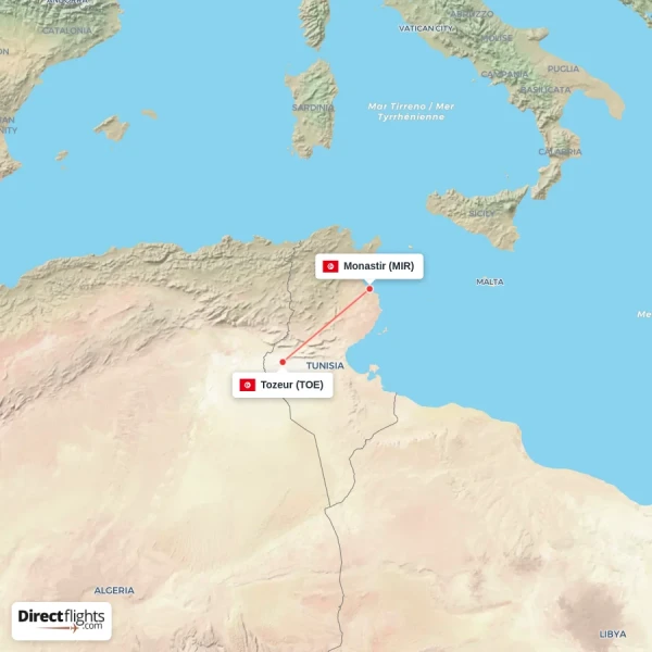 Tozeur - Monastir direct flight map