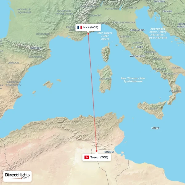 Tozeur - Nice direct flight map