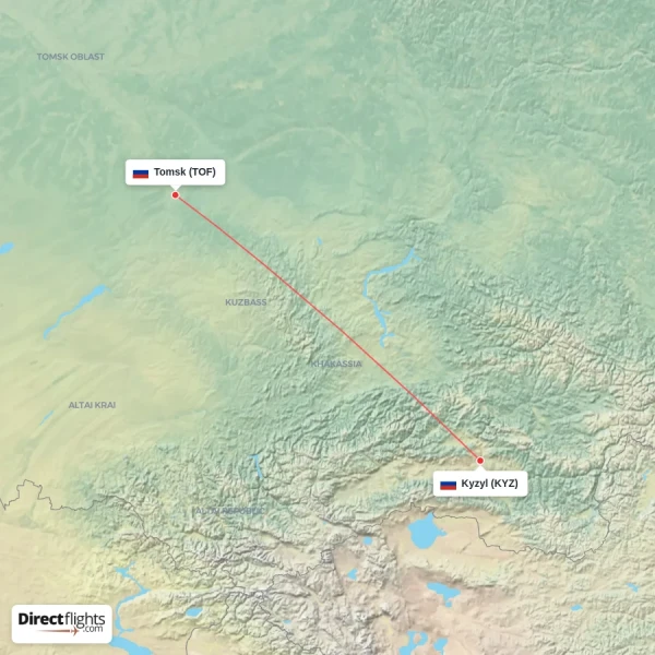 Tomsk - Kyzyl direct flight map