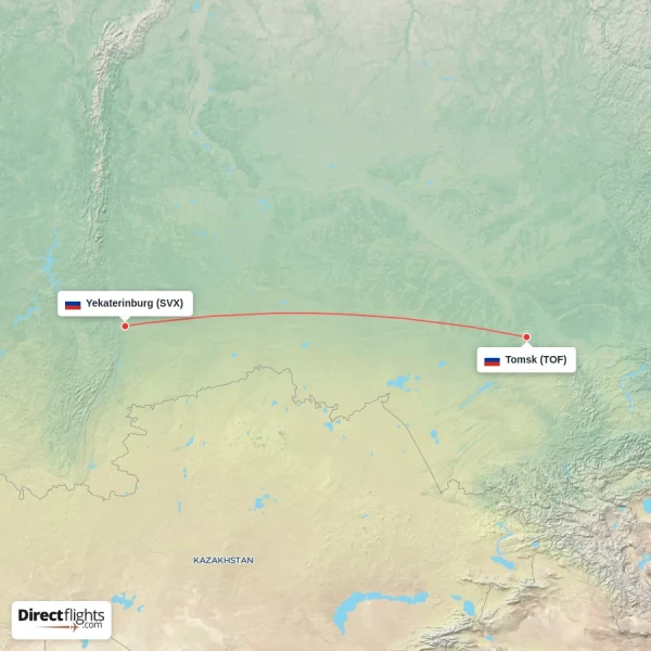 Tomsk - Yekaterinburg direct flight map
