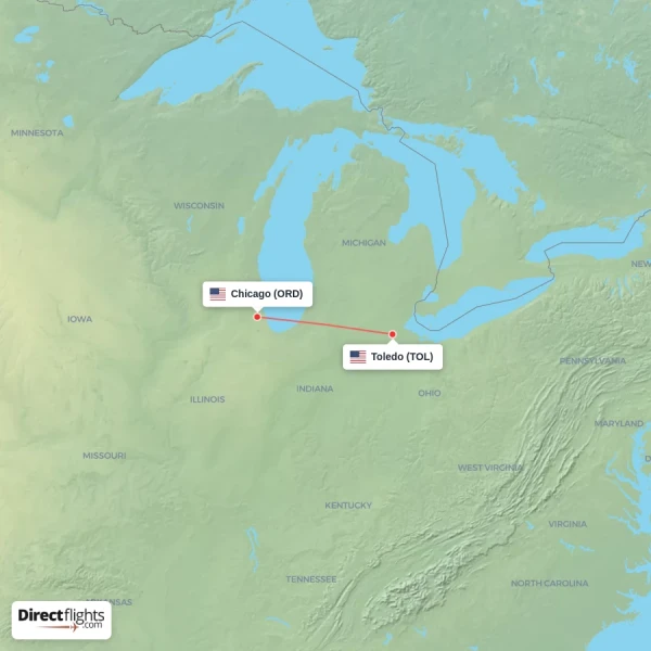 Toledo - Chicago direct flight map