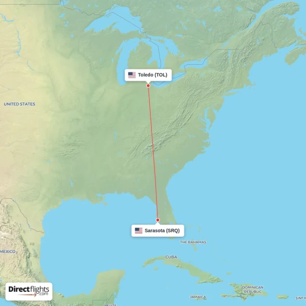 Toledo - Sarasota direct flight map