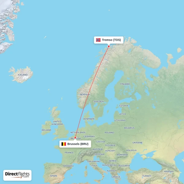 Tromso - Brussels direct flight map