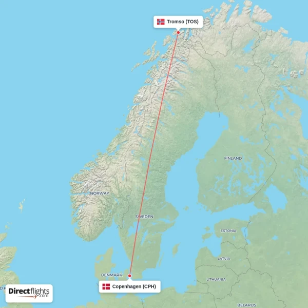 Tromso - Copenhagen direct flight map