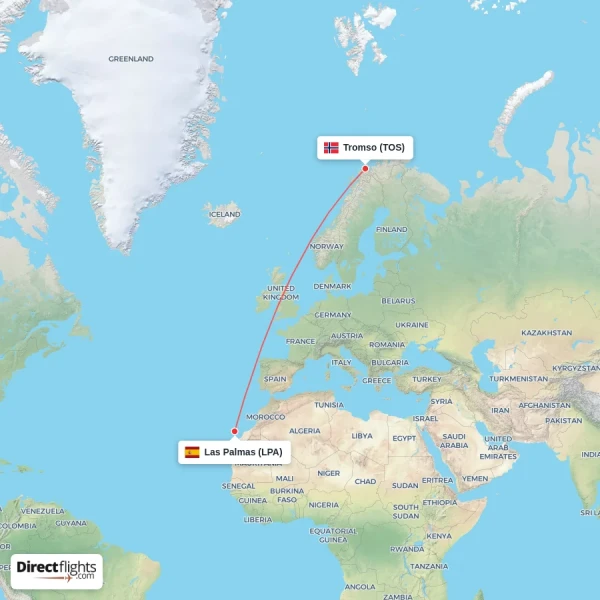 Tromso - Las Palmas direct flight map