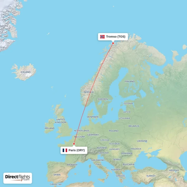 Tromso - Paris direct flight map