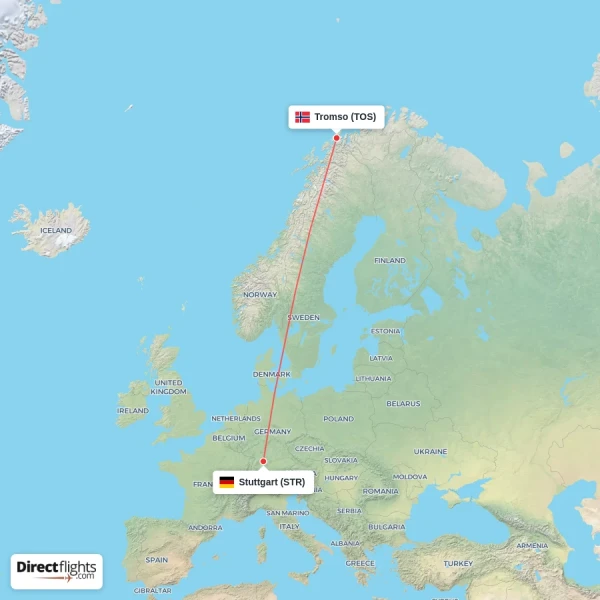 Tromso - Stuttgart direct flight map