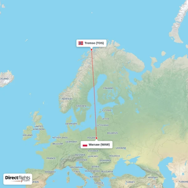 Tromso - Warsaw direct flight map