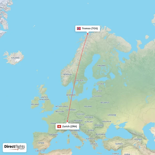 Tromso - Zurich direct flight map