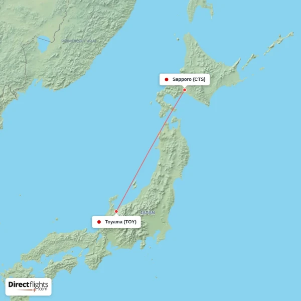 Toyama - Sapporo direct flight map