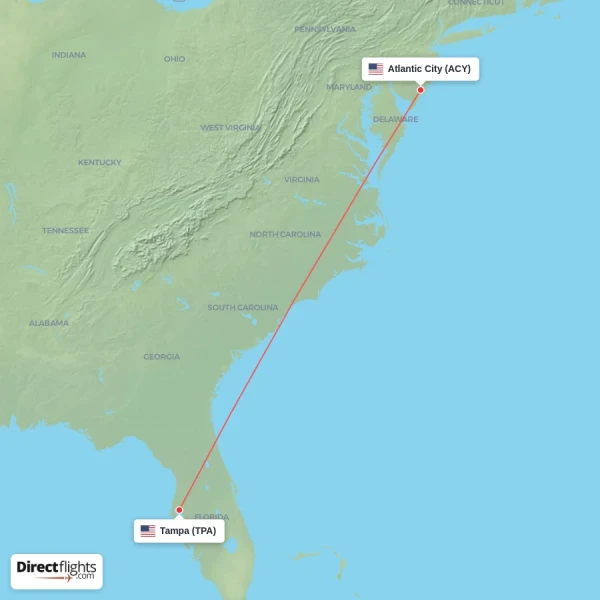Tampa - Atlantic City direct flight map