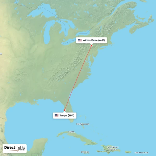 Tampa - Wilkes-Barre direct flight map