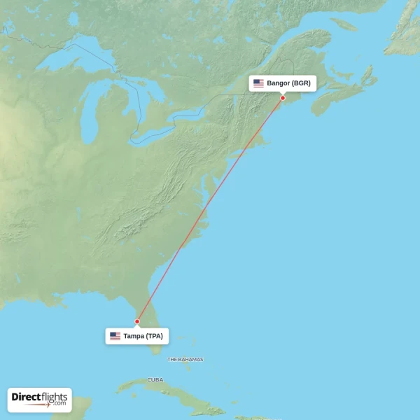 Tampa - Bangor direct flight map
