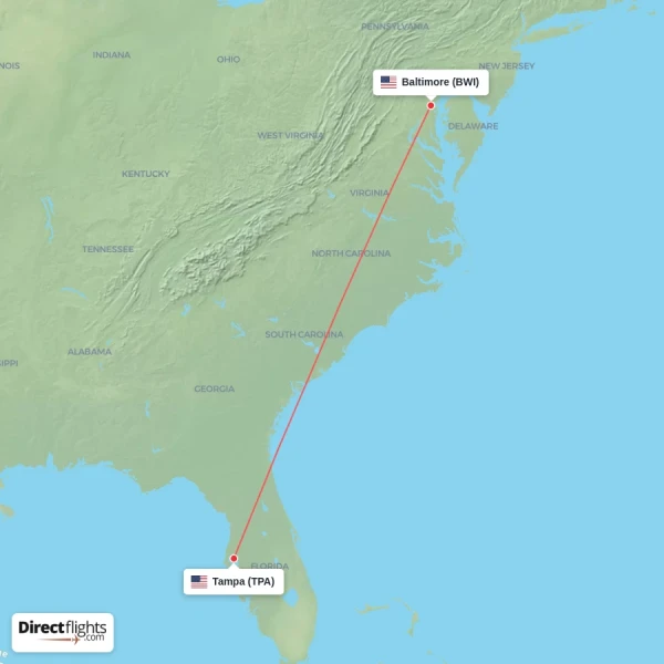 Tampa - Baltimore direct flight map