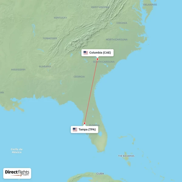 Tampa - Columbia direct flight map