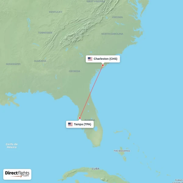 Tampa - Charleston direct flight map