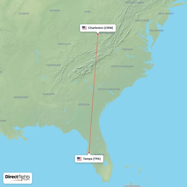 Tampa - Charleston direct flight map