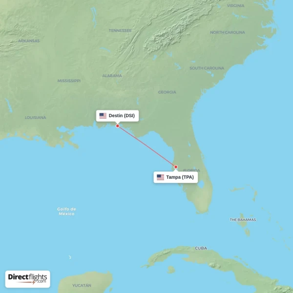 Tampa - Destin direct flight map
