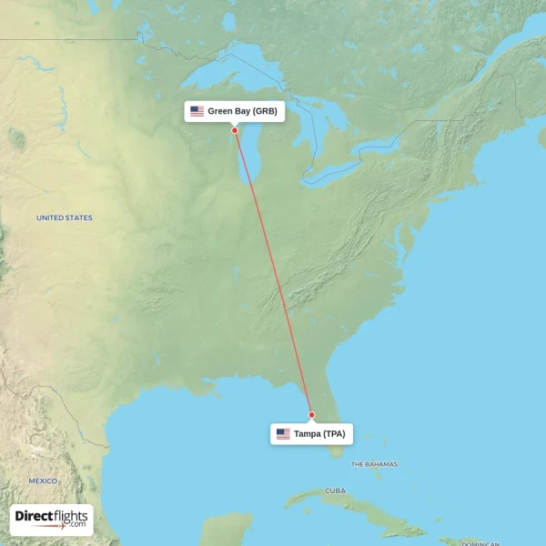 Tampa - Green Bay direct flight map