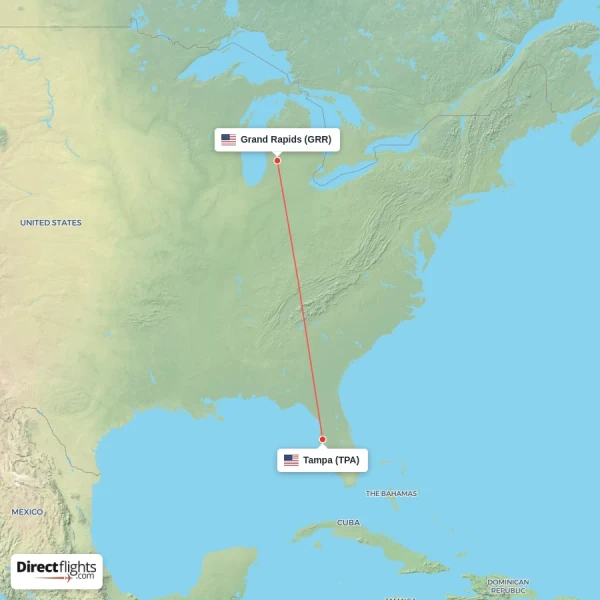 Tampa - Grand Rapids direct flight map