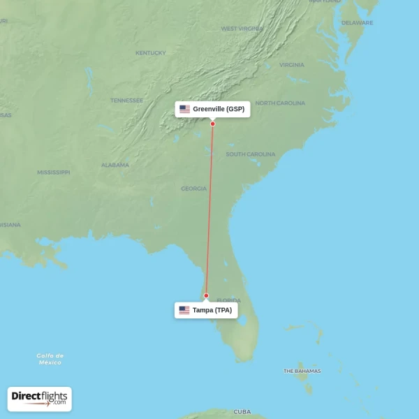 Tampa - Greenville direct flight map