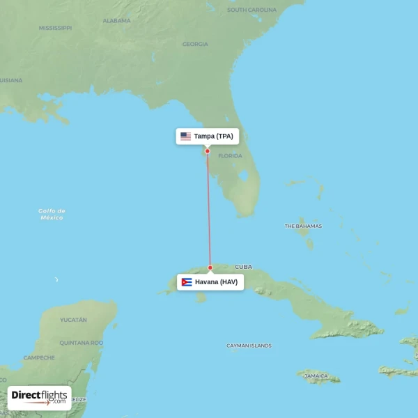 Tampa - Havana direct flight map