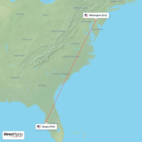 Tampa - Wilmington direct flight map