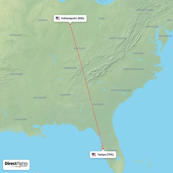 Tampa - Indianapolis direct flight map