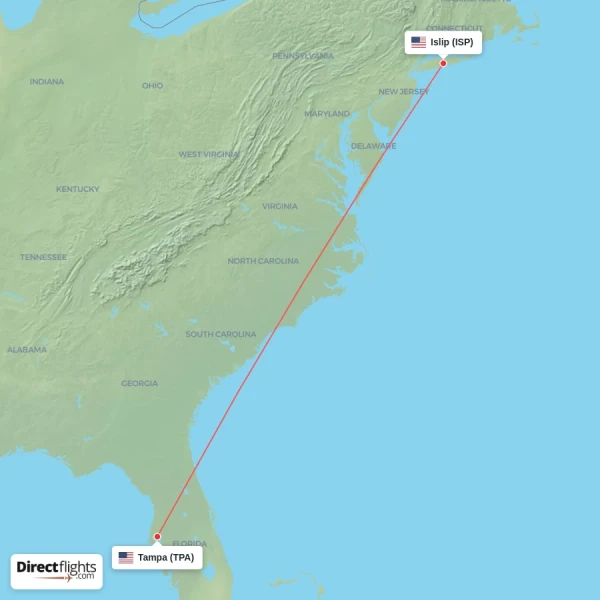 Tampa - Islip direct flight map