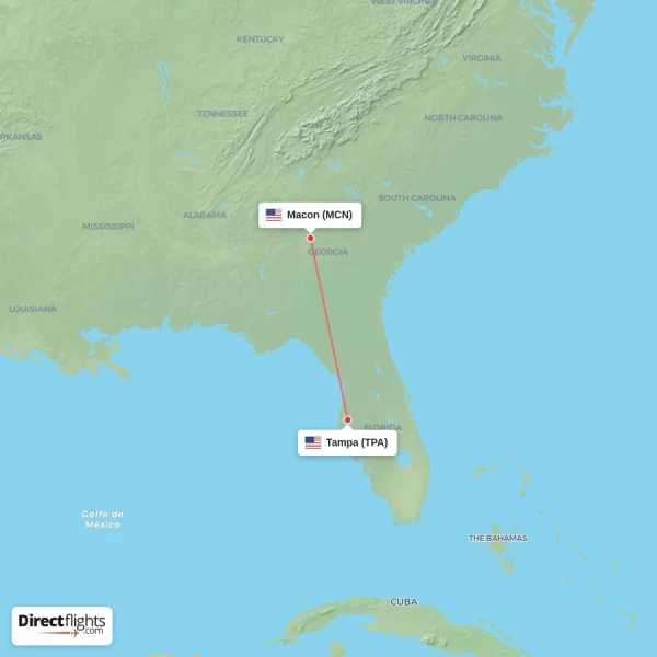Tampa - Macon direct flight map