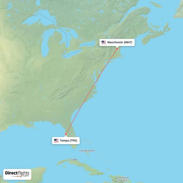 Tampa - Manchester direct flight map