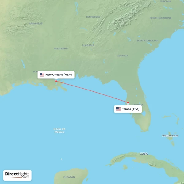 Tampa - New Orleans direct flight map