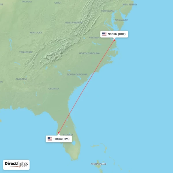 Tampa - Norfolk direct flight map