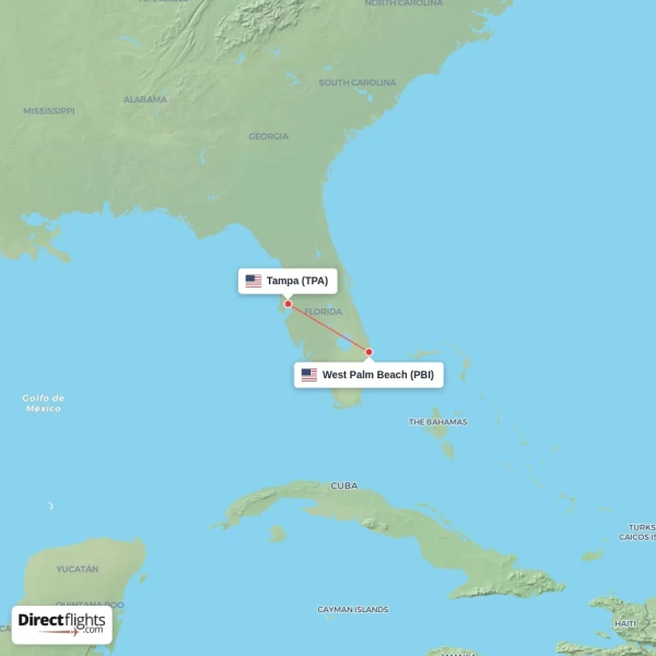 Tampa - West Palm Beach direct flight map