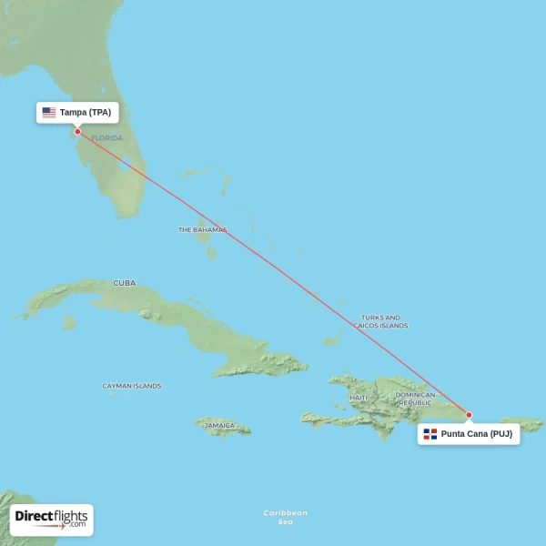 Tampa - Punta Cana direct flight map