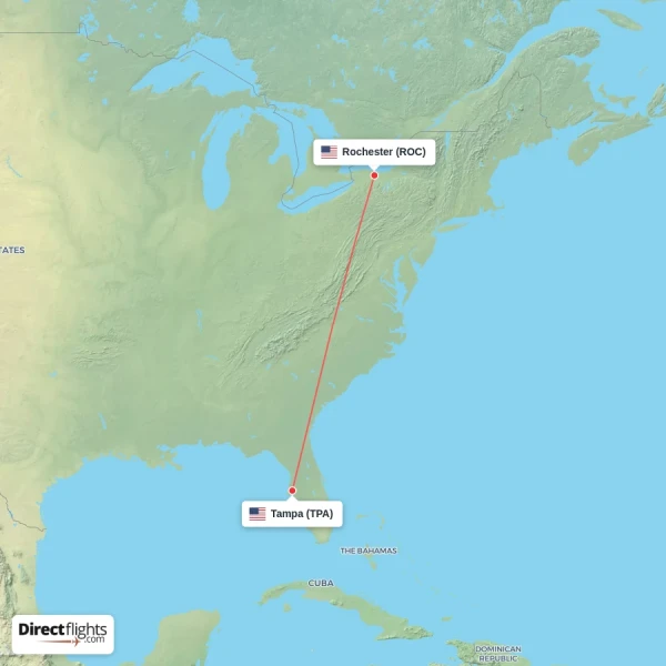 Tampa - Rochester direct flight map