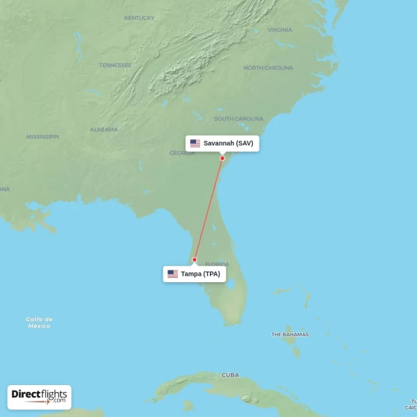Tampa - Savannah direct flight map