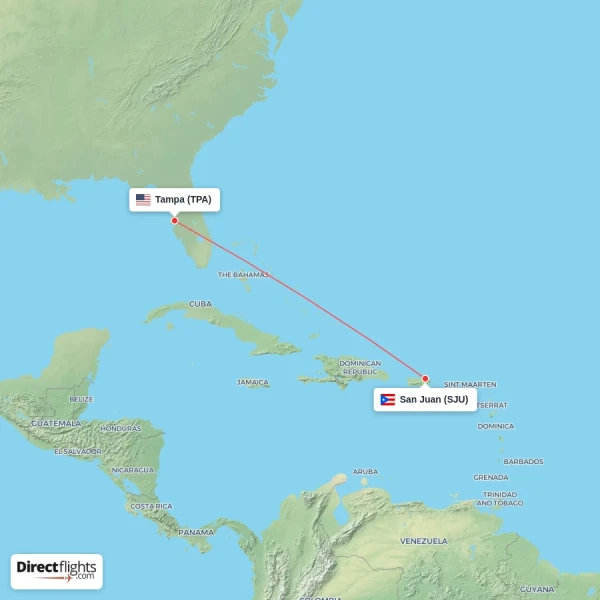 Tampa - San Juan direct flight map