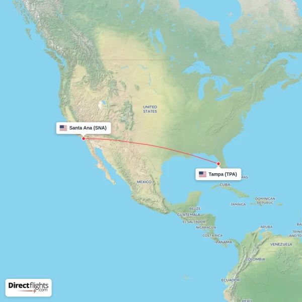 Tampa - Santa Ana direct flight map