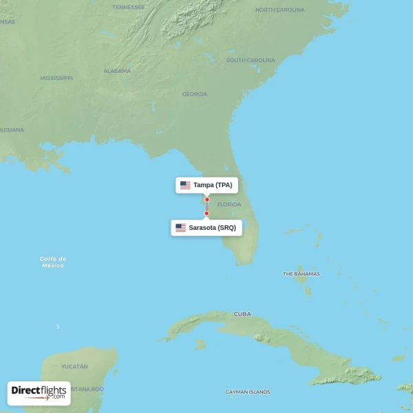 Tampa - Sarasota direct flight map