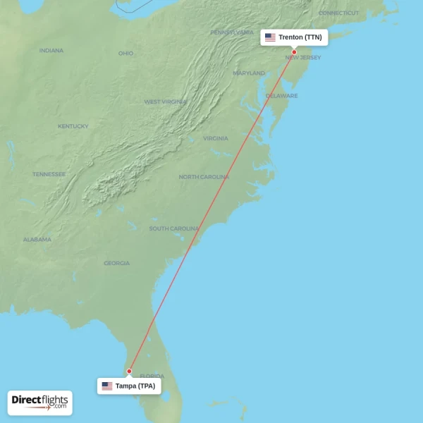 Tampa - Trenton direct flight map