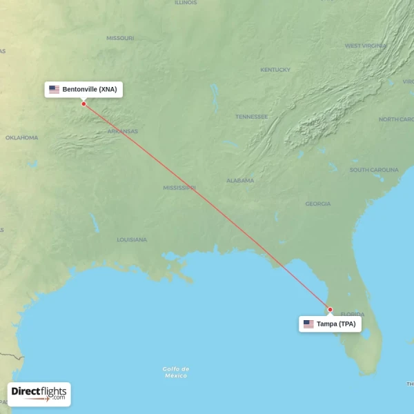 Tampa - Bentonville direct flight map