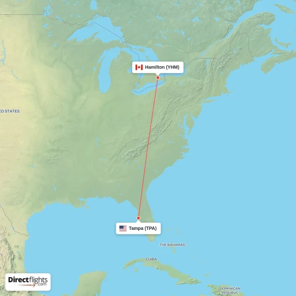 Tampa - Hamilton direct flight map