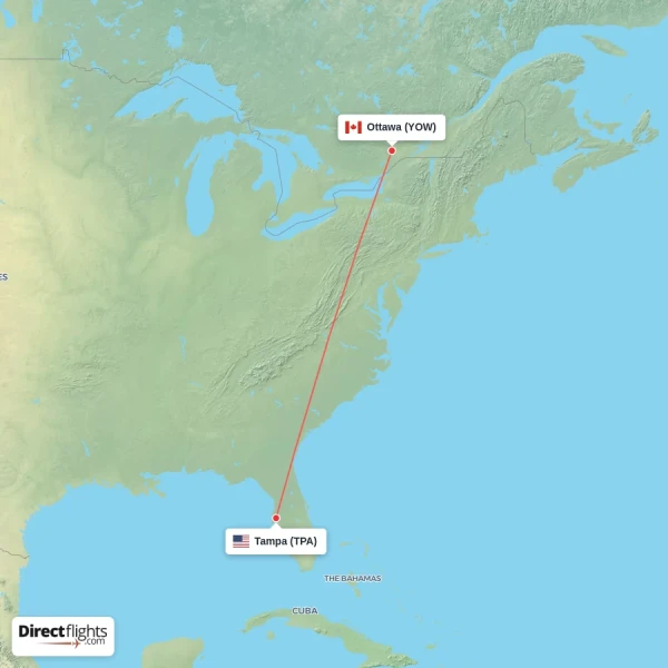 Tampa - Ottawa direct flight map