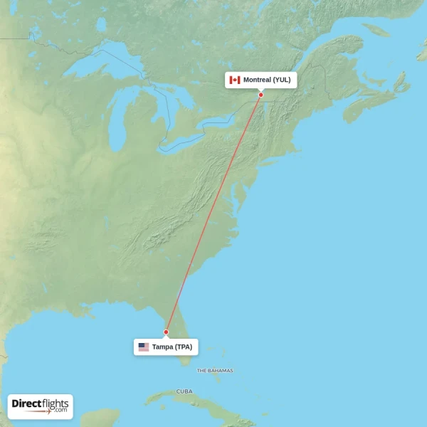 Tampa - Montreal direct flight map