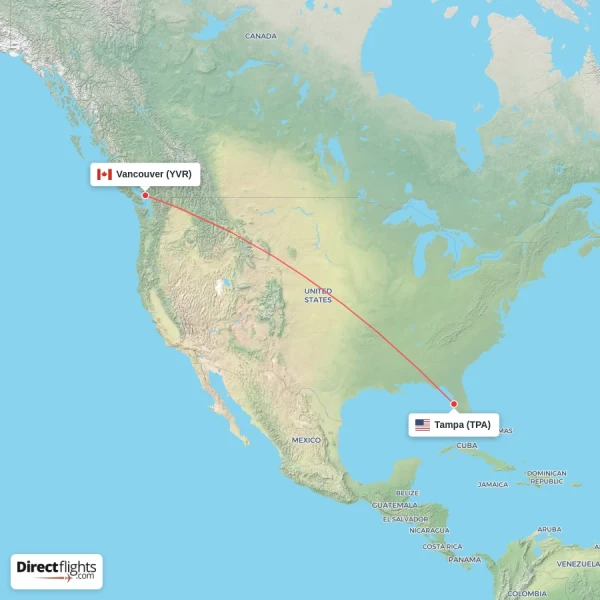 Tampa - Vancouver direct flight map