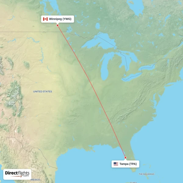 Tampa - Winnipeg direct flight map