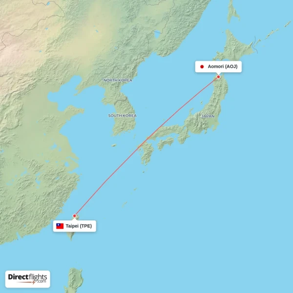Taipei - Aomori direct flight map